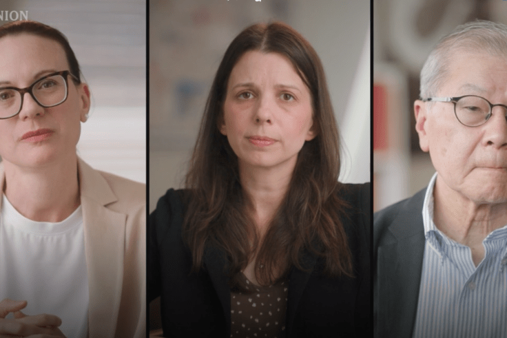 portraits of three people - one man and two woman - looking stoic.