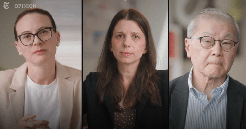 portraits of three people - one man and two woman - looking stoic.