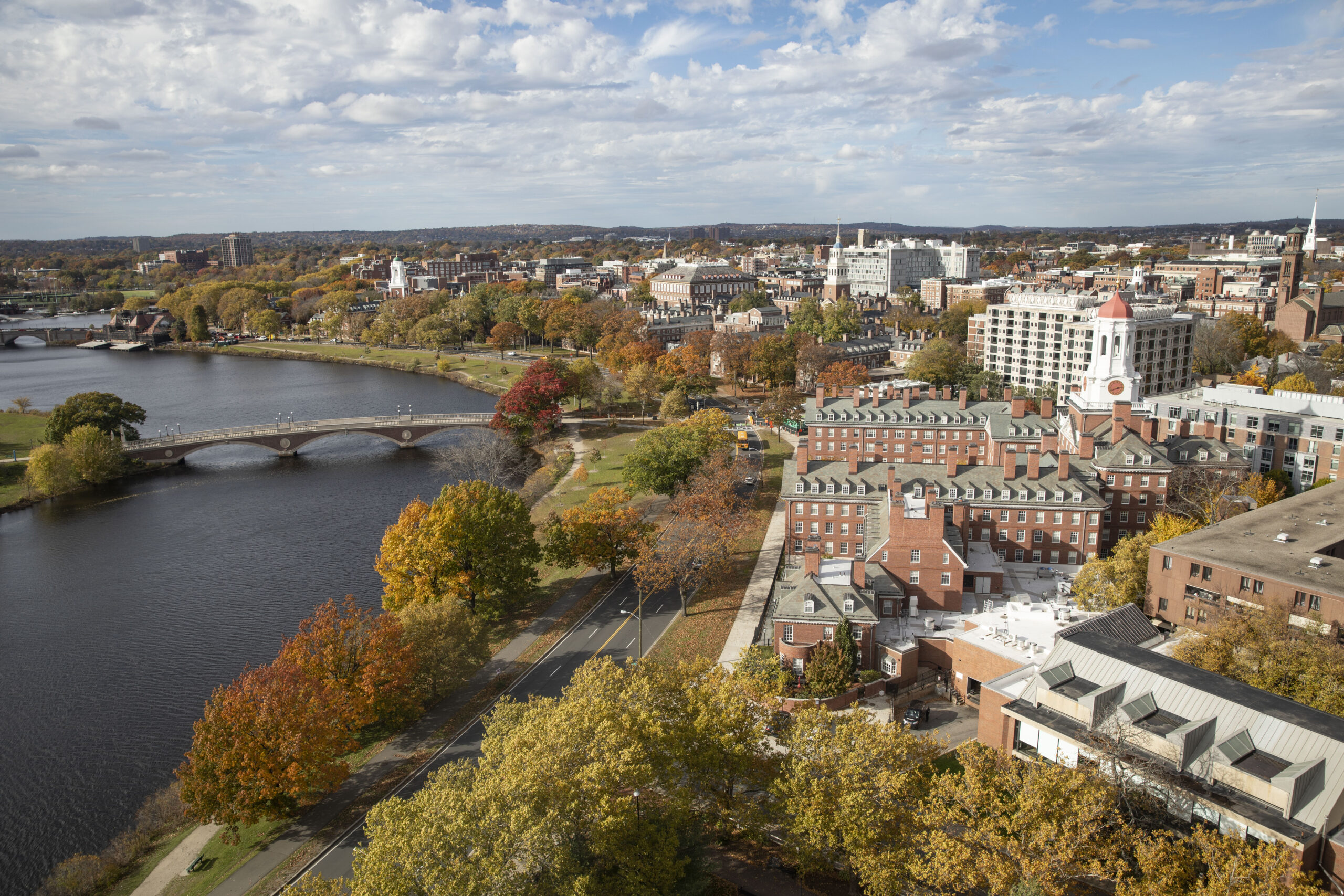 A view of Harvard buildings and the Charles river