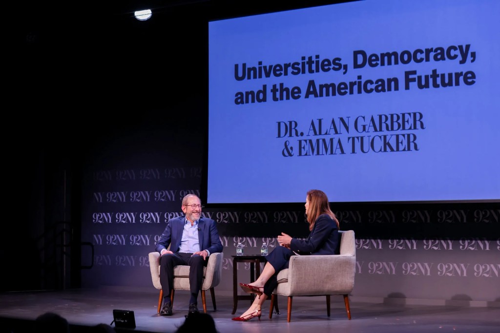 Harvard President Alan Garber on stage at the 92nd Street Y