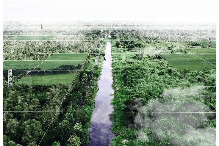 An aerial view of a river running through lush land