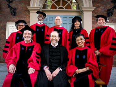 Jennie Chin Hansen, Sylvester James Gates, Jr., Lawrence S. Bacow, Joy Harjo-Sapulpa, and Gustavo Adolfo Dudamel Ramirez; John Manning, Alan Garber, and Maria Ressa.