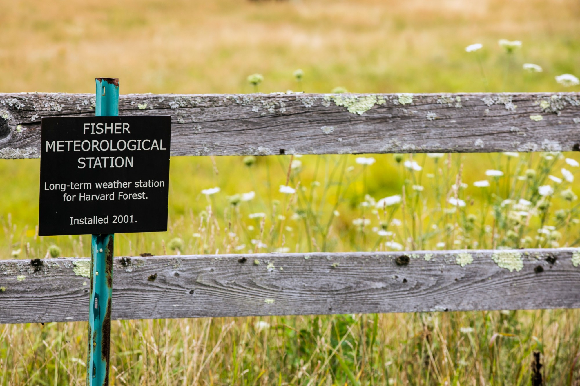 A sign for Fisher Meteorological Station by a field and fence