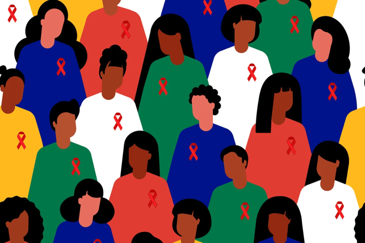 An illustration of people wearing red ribbons on their chests