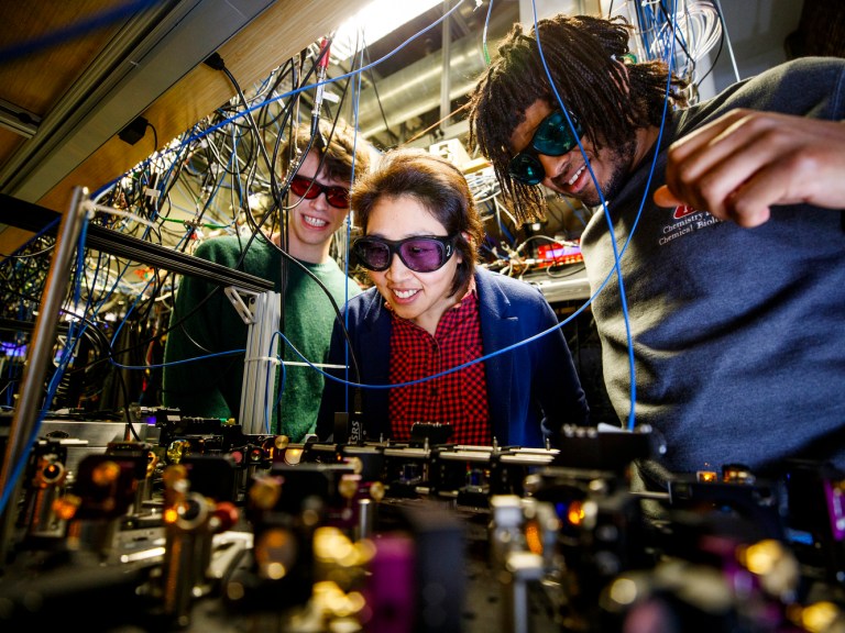 Three researchers working on a quantum computer