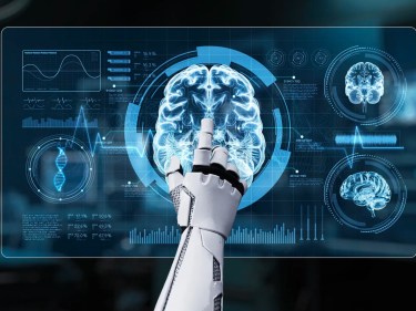 A robot pointing at an image of a brain