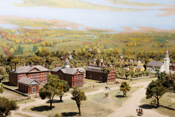 A diorama of Harvard Yard in the 1700s